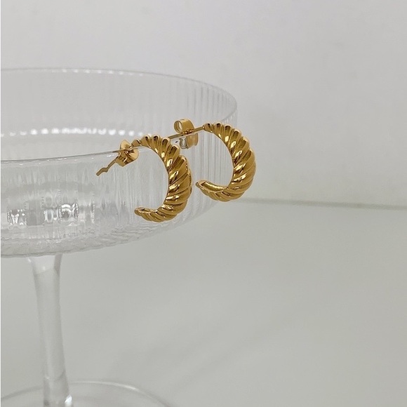 Gold twisted earrings, gold croissant earrings, mini hoop earrings, - Picture 6 of 9